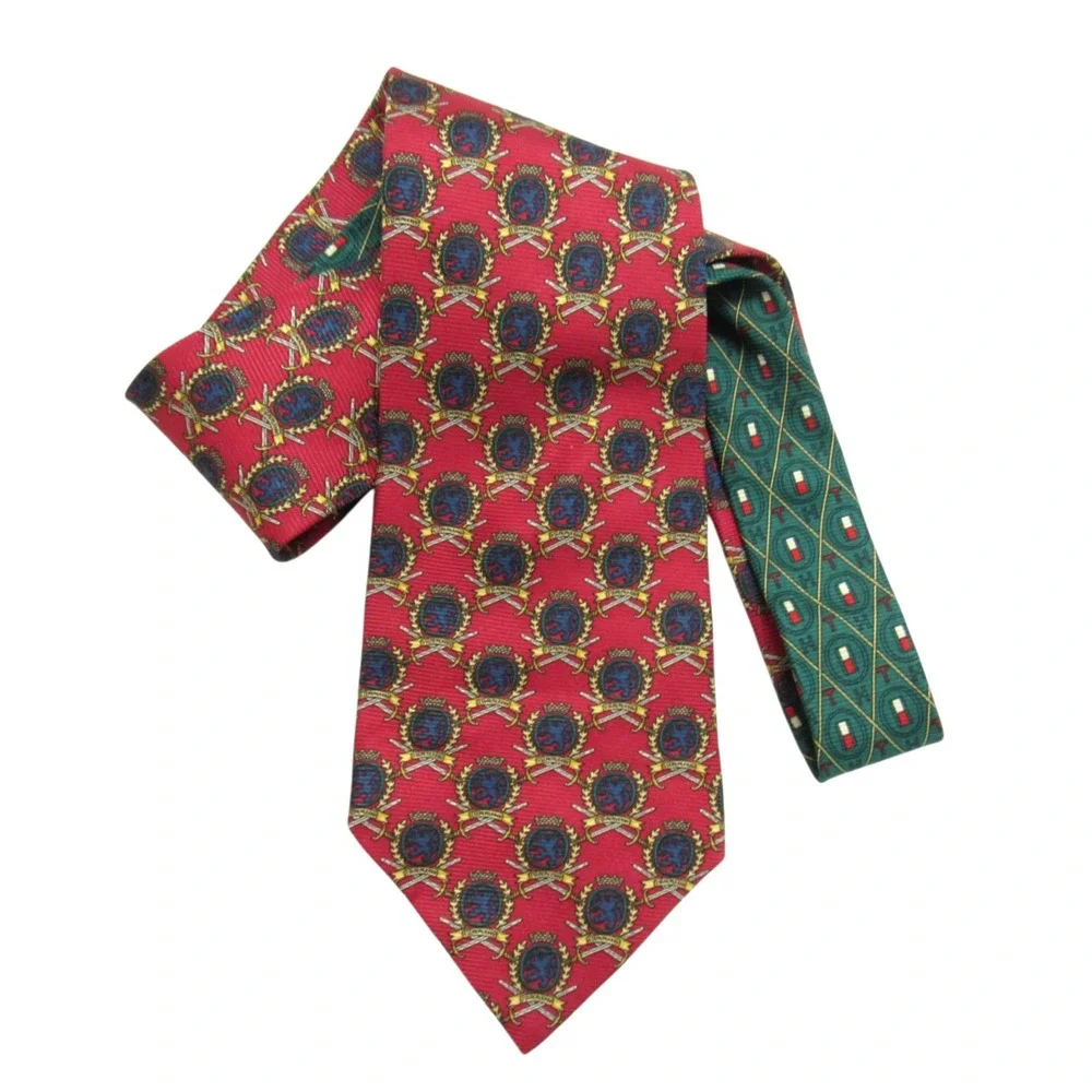 VTG TOMMY HILFIGER Red/Green CREST LOGO Preppy PURE SILK Men's NECK TIE 56